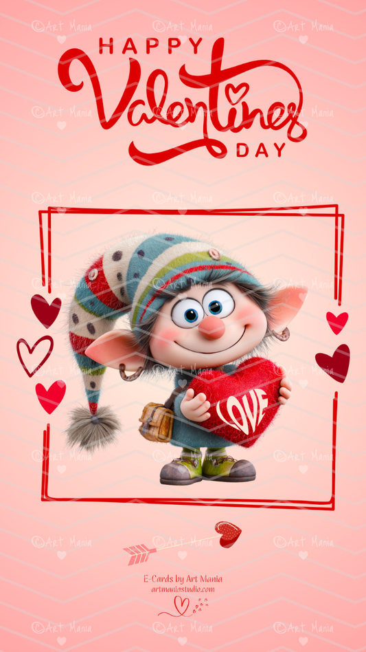 Cute funny gnome with heart. E-Card