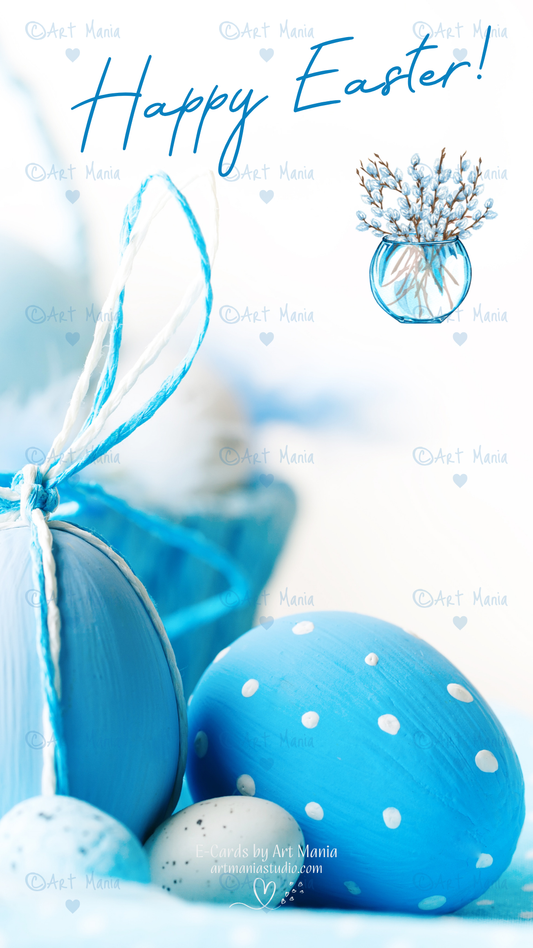 Happy Easter. Blue with white colors. E-Card