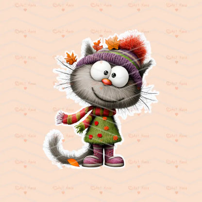 Cute Autumn Kittens. Stickers. Set of 5