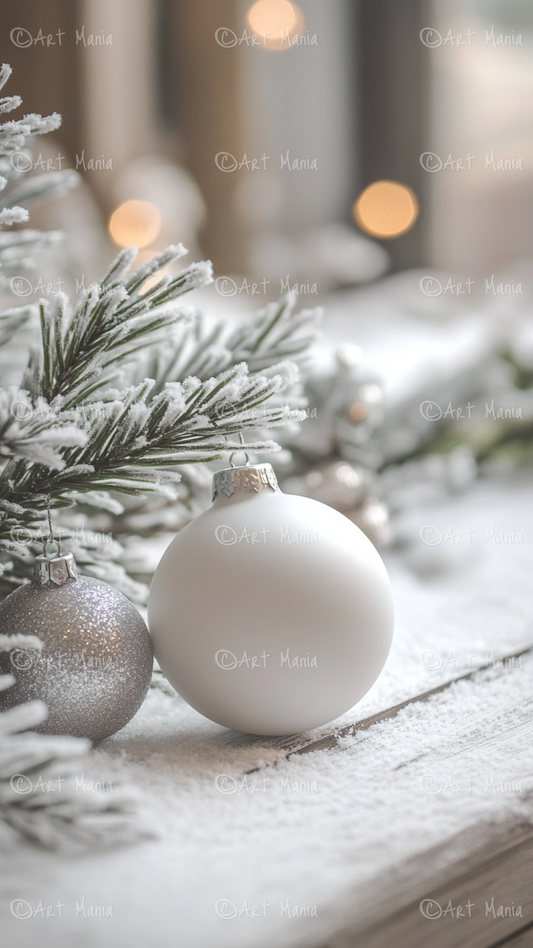 Christmas white and silver balls. Mobile wallpaper