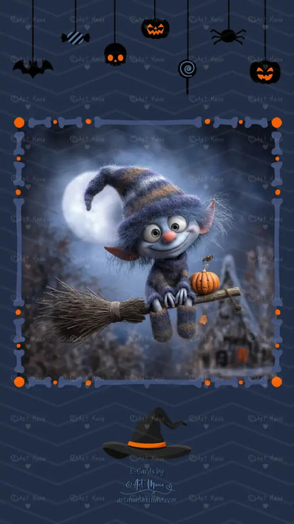 Halloween night. Flying Elf. Animated E-Card