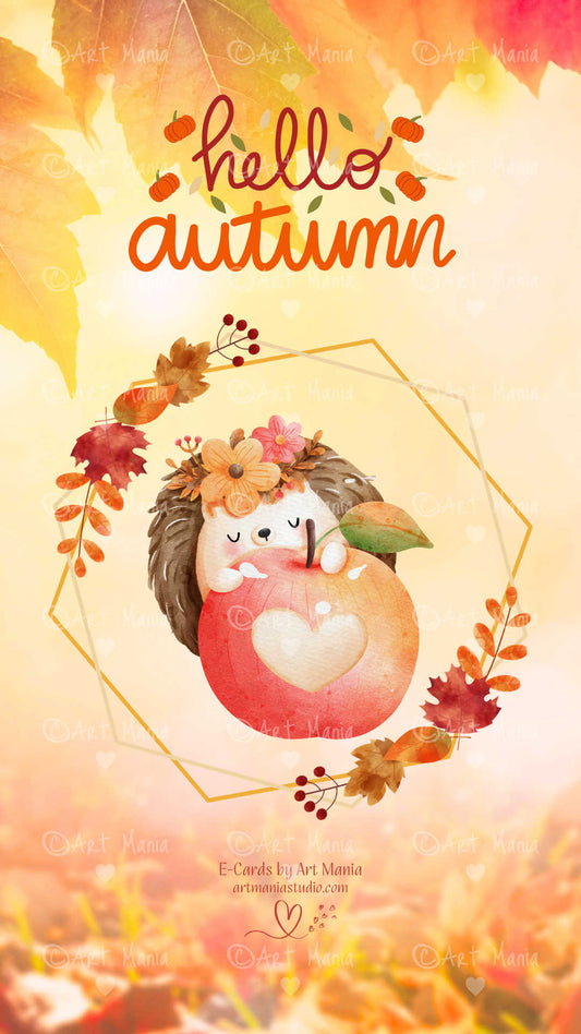 Hello autumn with hedgehog. E-Card