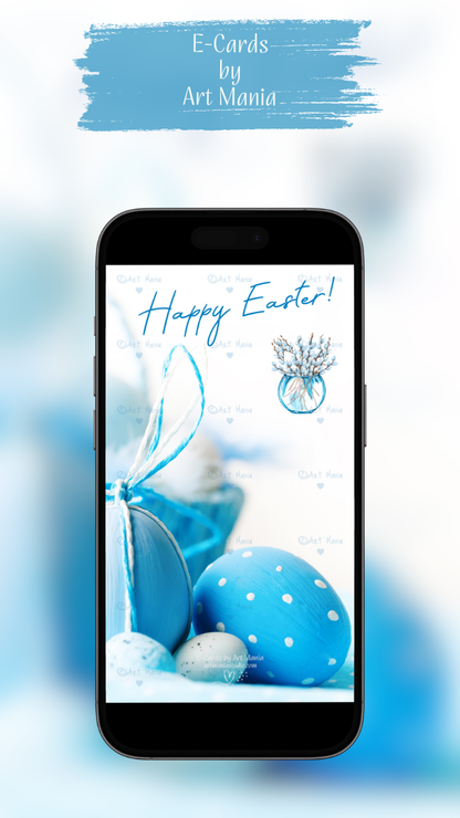Happy Easter. Blue with white colors. E-Card